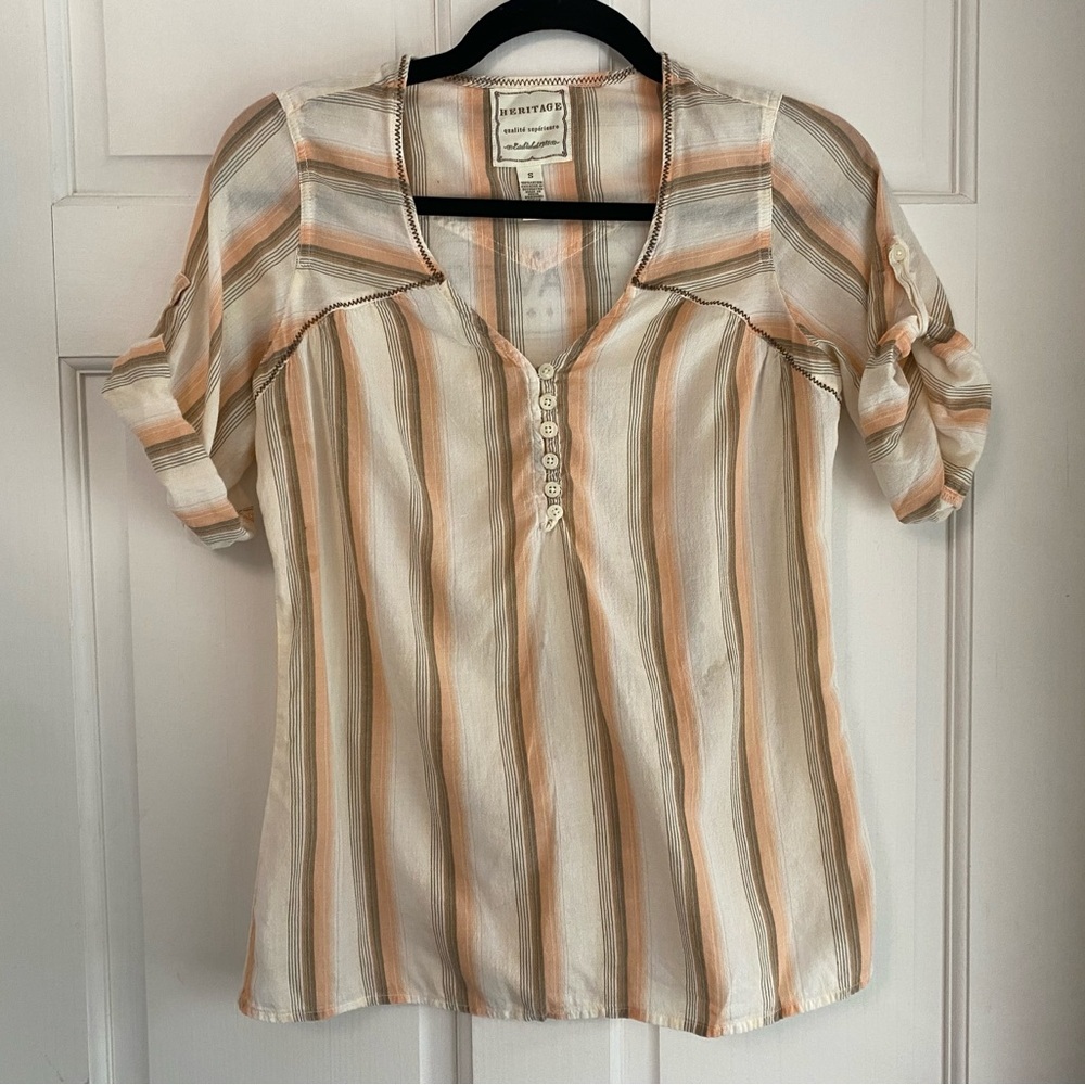 Heritage 100% Cotton Cream, Peach, and Brown Vintage Cotton Top Size Small/S B